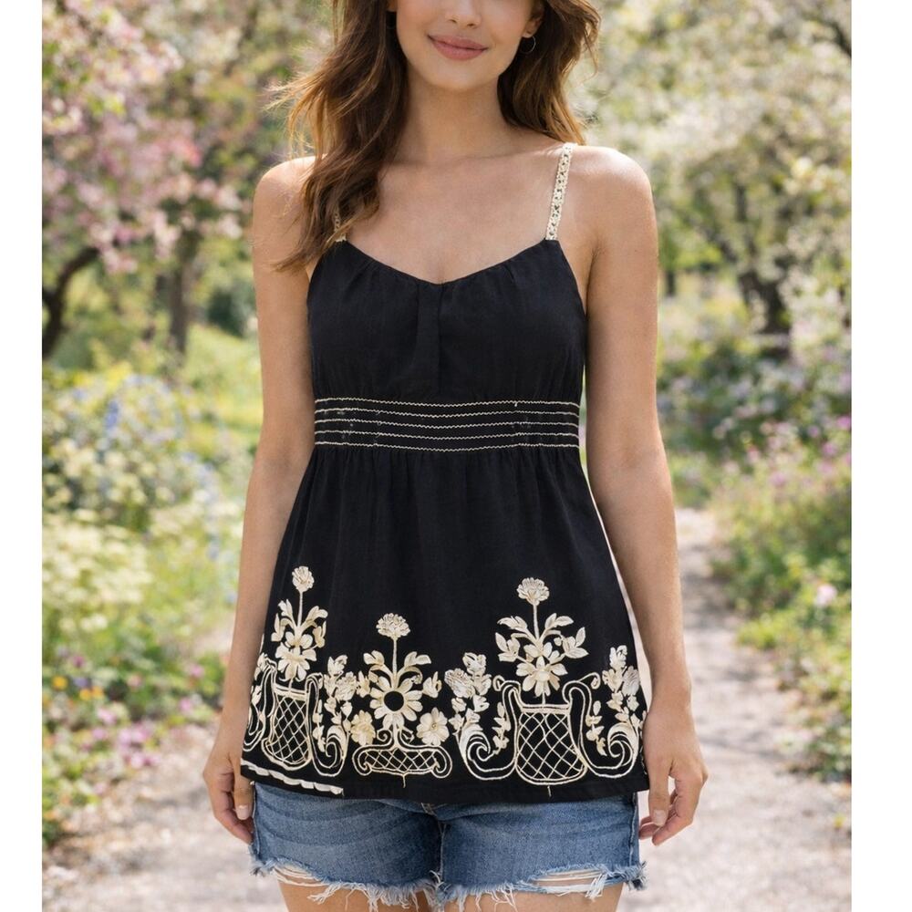 Y2K Baby Doll Tunic Top S Black w/ Cream Embroider Lace Boho Festival NWT
